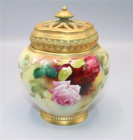 Royal Worcester rose painted pot pourri, by J. Bray, shape no. 1314 (lacking inner cover)